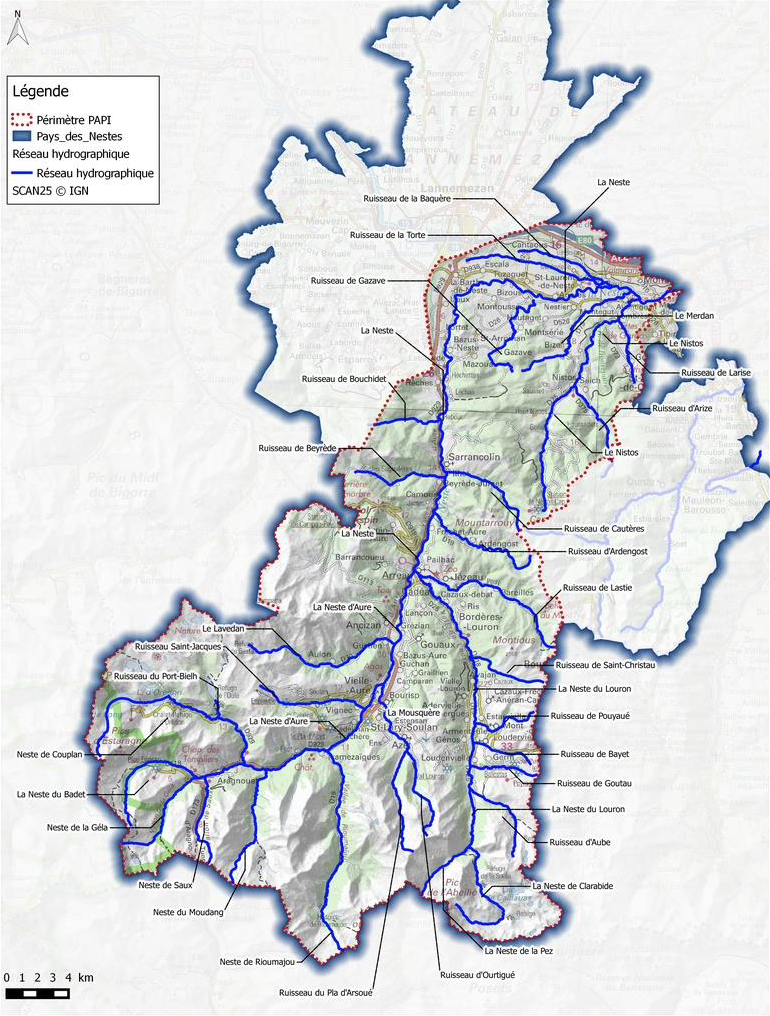 Carte du réseau hydrographique du bassin versant de la Neste