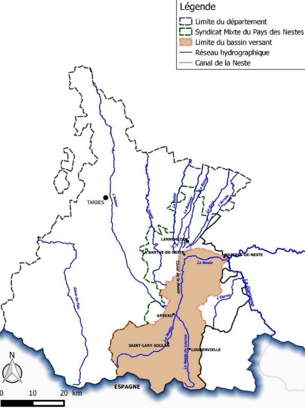Carte du bassin versant de la Neste : vue départementale